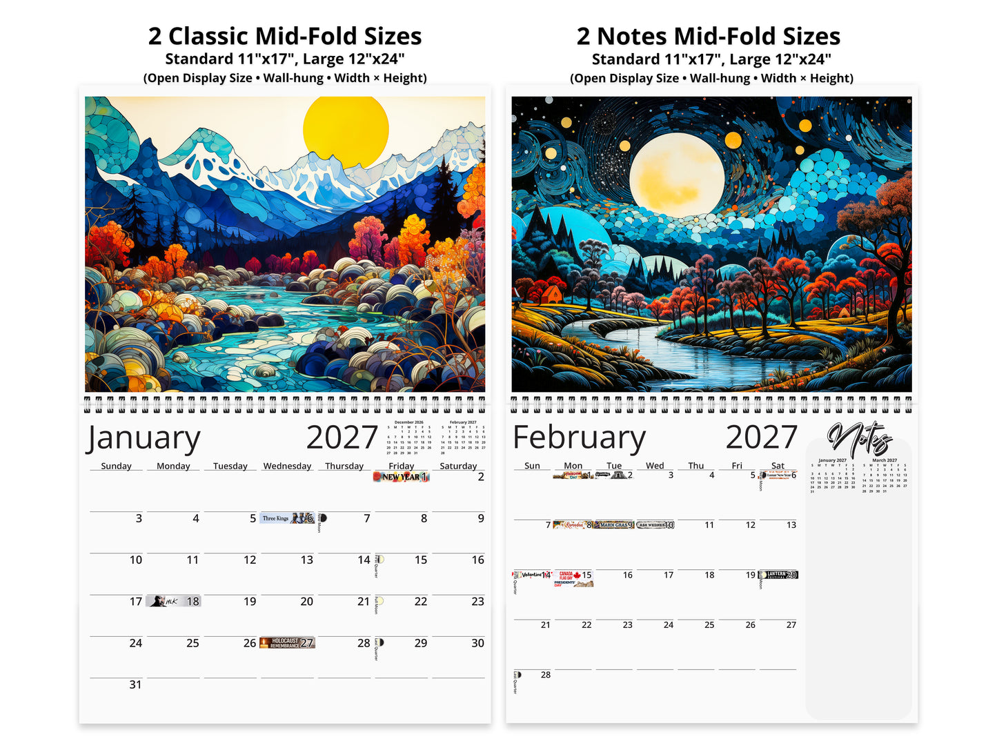 2027 Surreal Horizons Wall Calendar by Kaleidoscope Artisan – Mystical Realms with Holidays