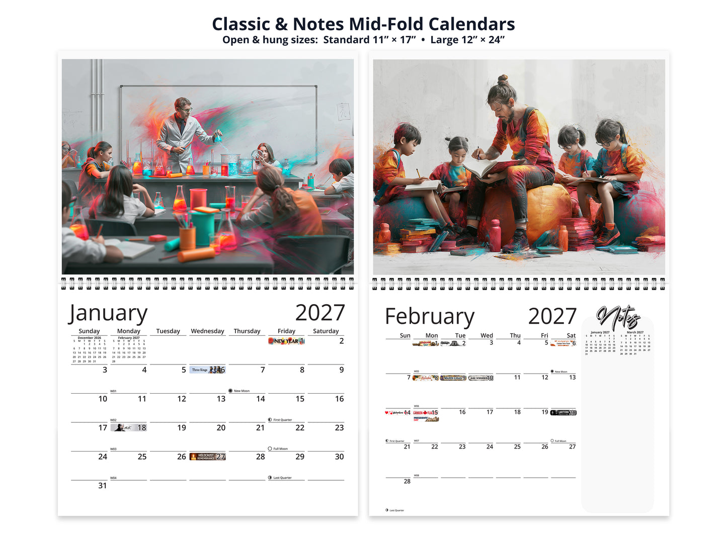Teacher 2027 wall calendar classic and notes mid-fold calendar pages