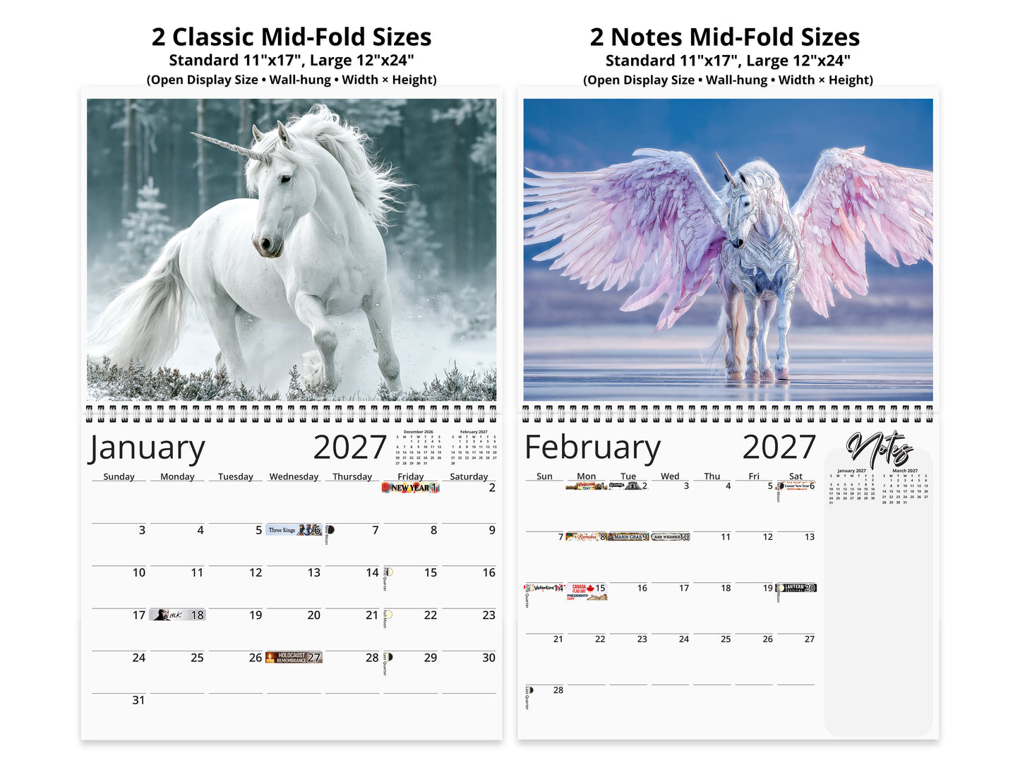 2027 Unicorn Wall Calendar by Kaleidoscope Artisan – Mystical Grace with Holidays