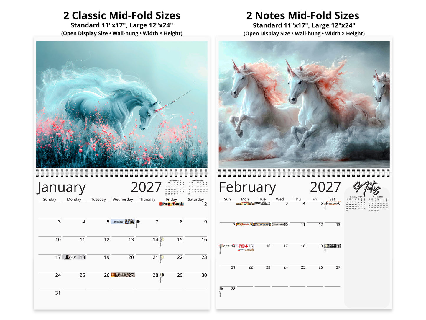 Two calendar designs featuring unicorns with text on sizes and months.