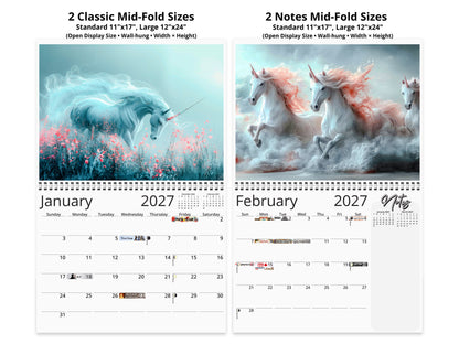 Two calendar designs featuring unicorns with text on sizes and months.