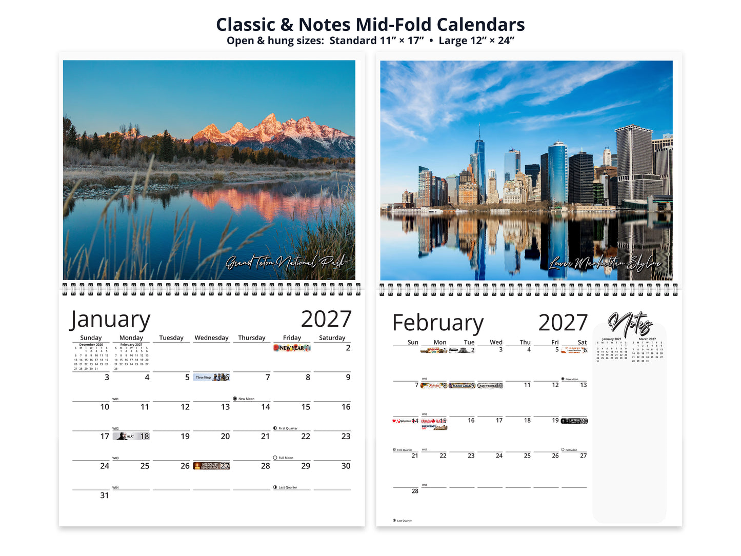 United States Vistas by Kaleidoscope Artisan - Cities and Landscapes with Holidays 2027 wall calendar classic and notes mid-fold calendar pages
