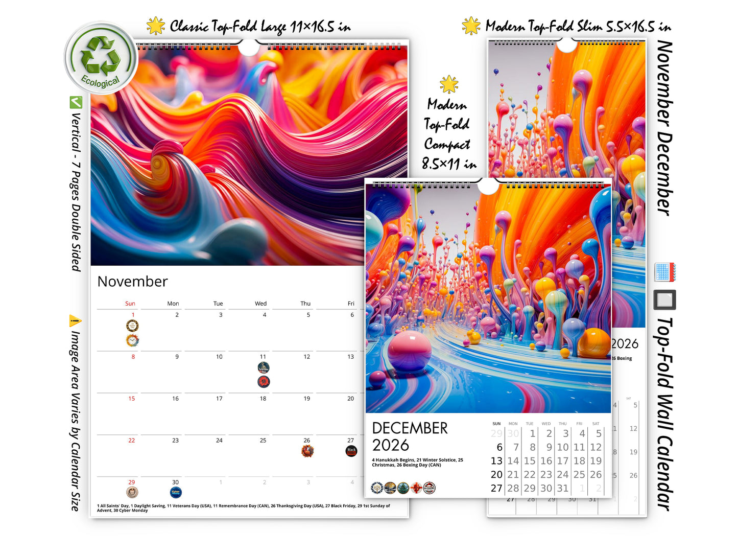 Calendario de pared de colores vivos 2026 de Kaleidoscope Artisan: arte en movimiento con las fiestas