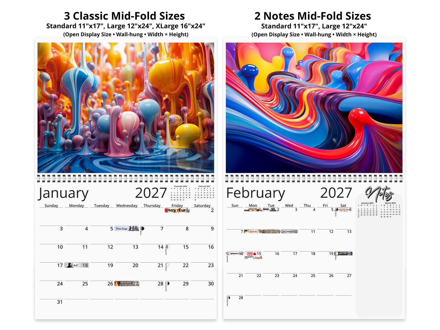 2027 Vivid Colors Wall Calendar by Kaleidoscope Artisan – Art in Motion with Holidays
