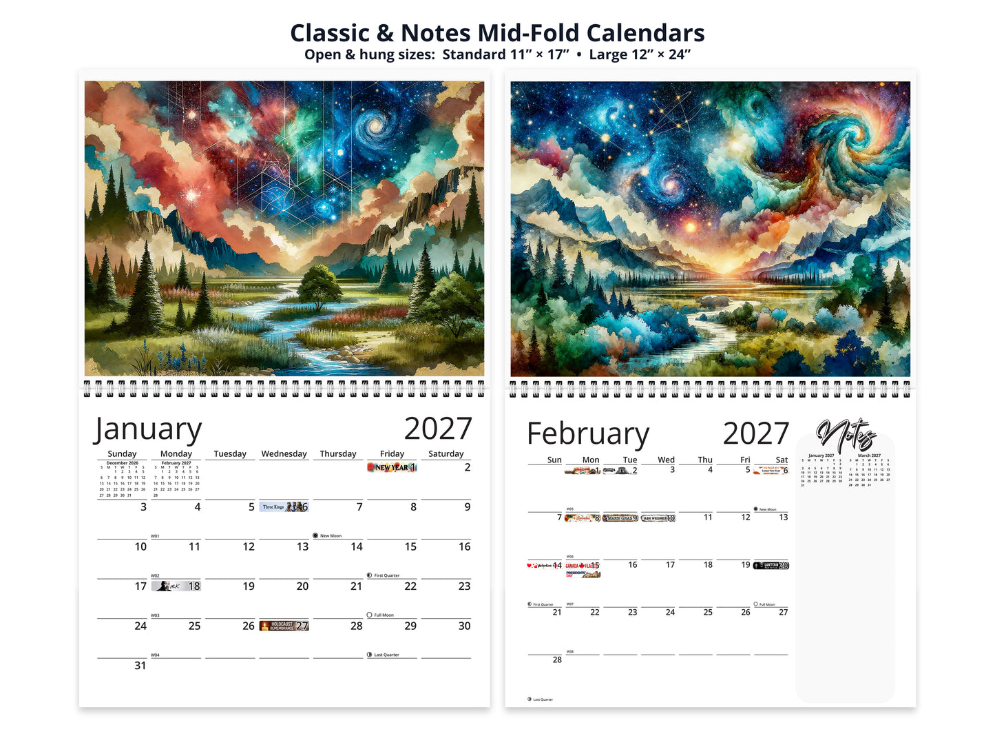 Watercolor Horizons 2027 wall calendar classic and notes mid-fold calendar pages