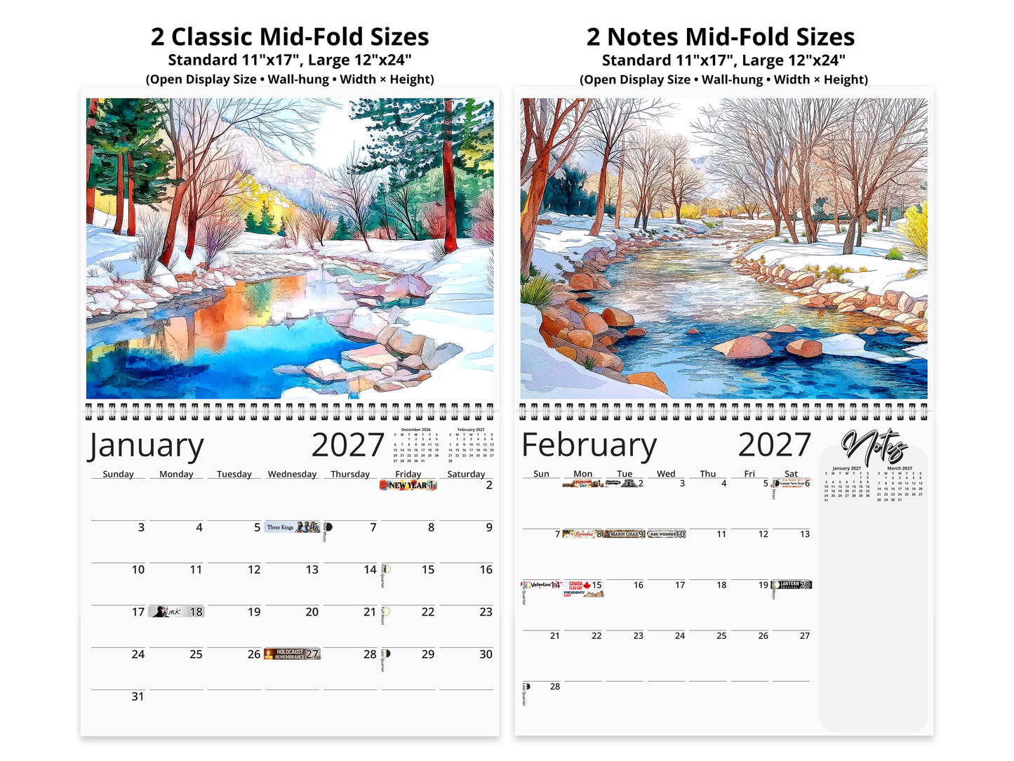 Two calendar designs for 2027 with winter scenes and text indicating sizes.
