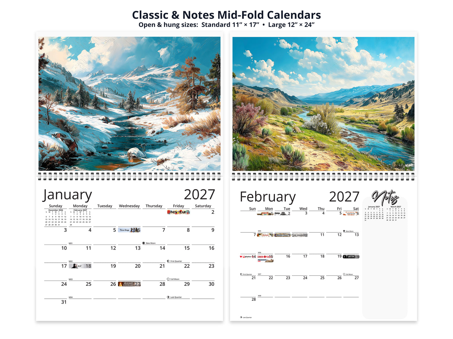 Western Vistas 2027 wall calendar classic and notes mid-fold calendar pages