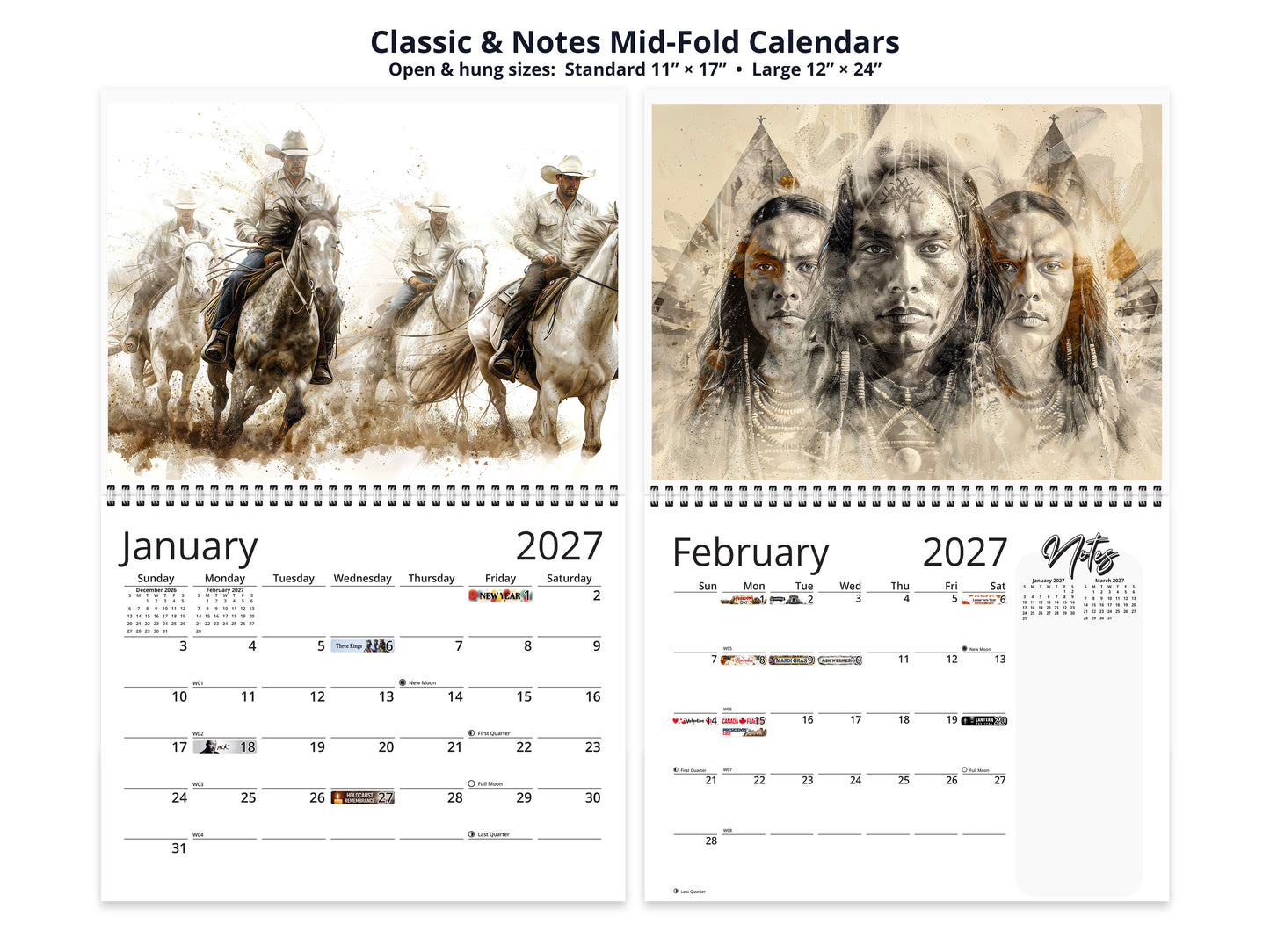Wild Frontier 2027 wall calendar classic and notes mid-fold calendar pages