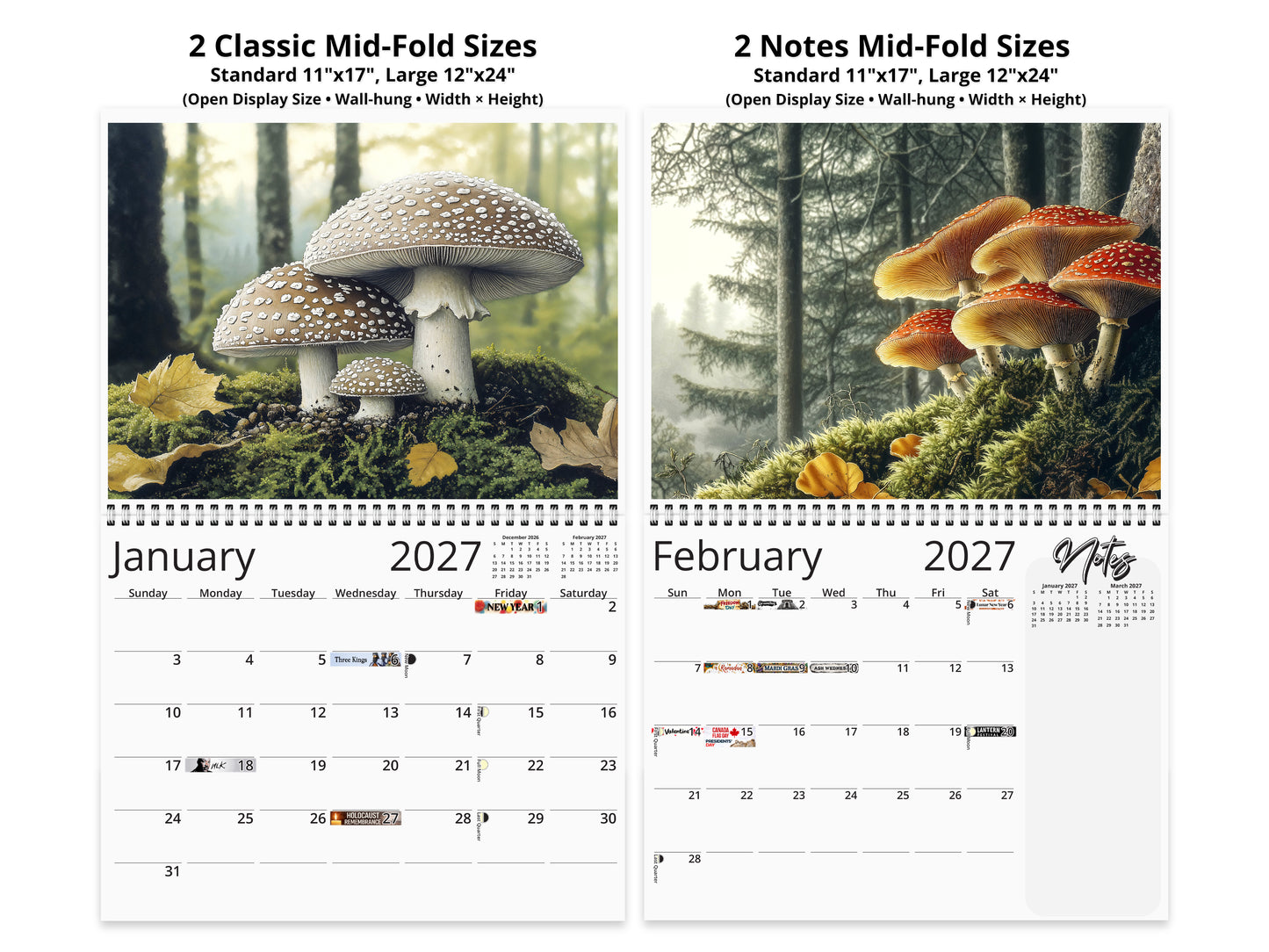 Wild Mushrooms 2027 wall calendar top fold calendar interior pages
