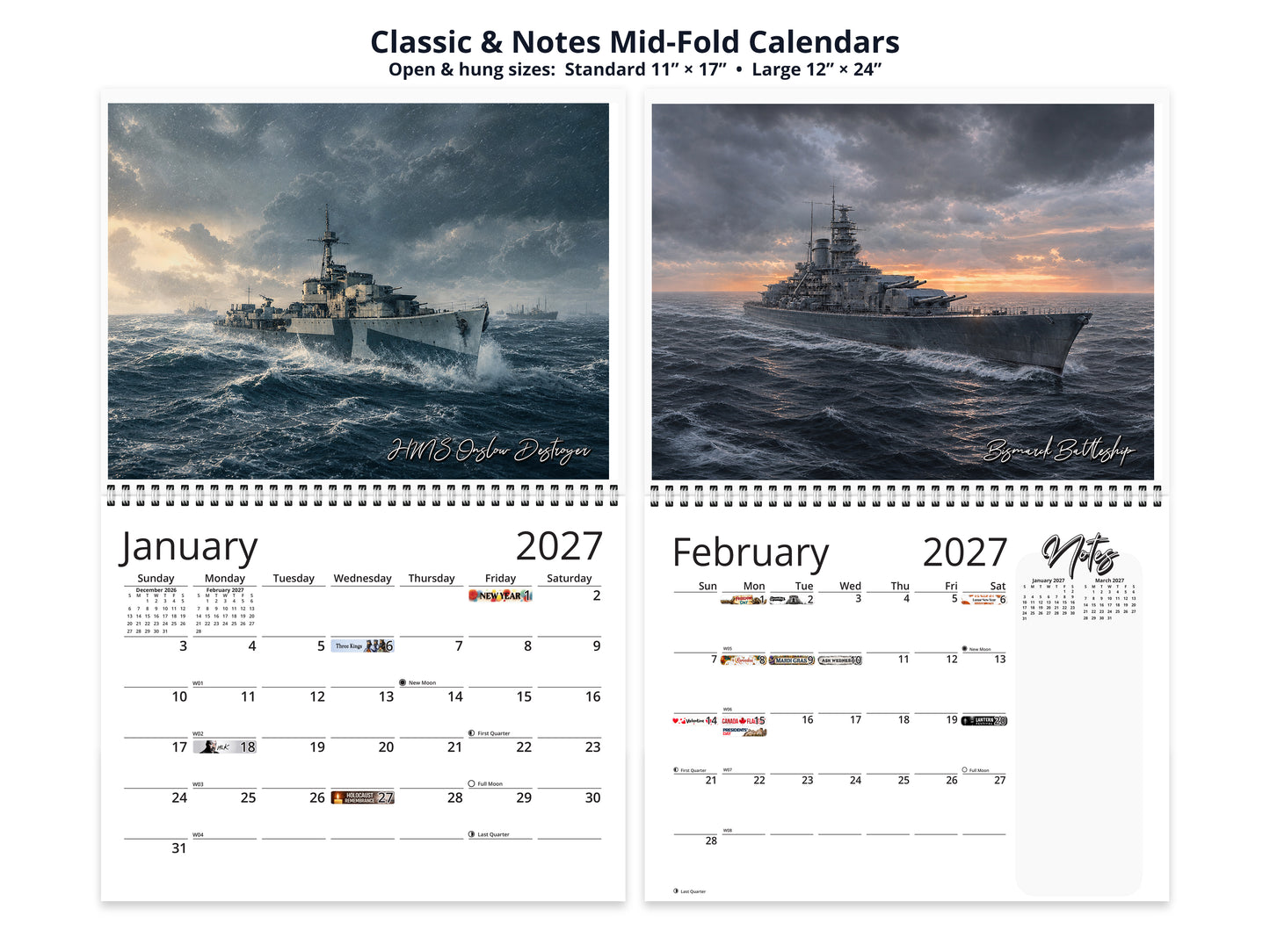 WWII Ships of Valor 2027 wall calendar classic and notes mid-fold calendar pages