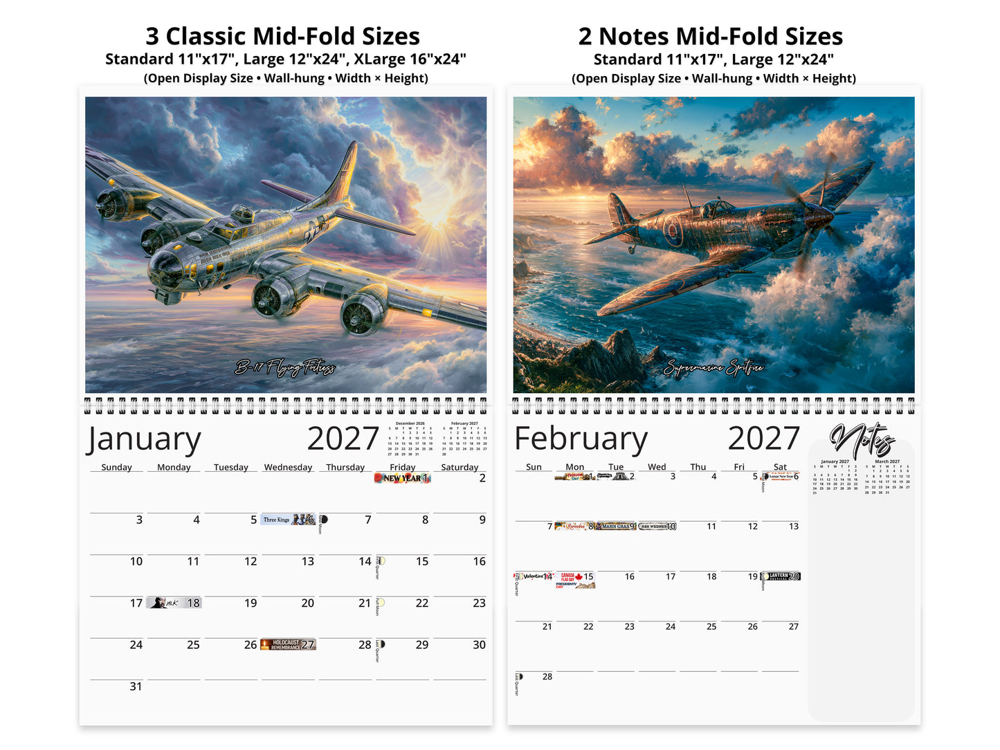2027 WWII Wings of Valor Wall Calendar by Kaleidoscope Artisan – Legendary Aviation with Holidays