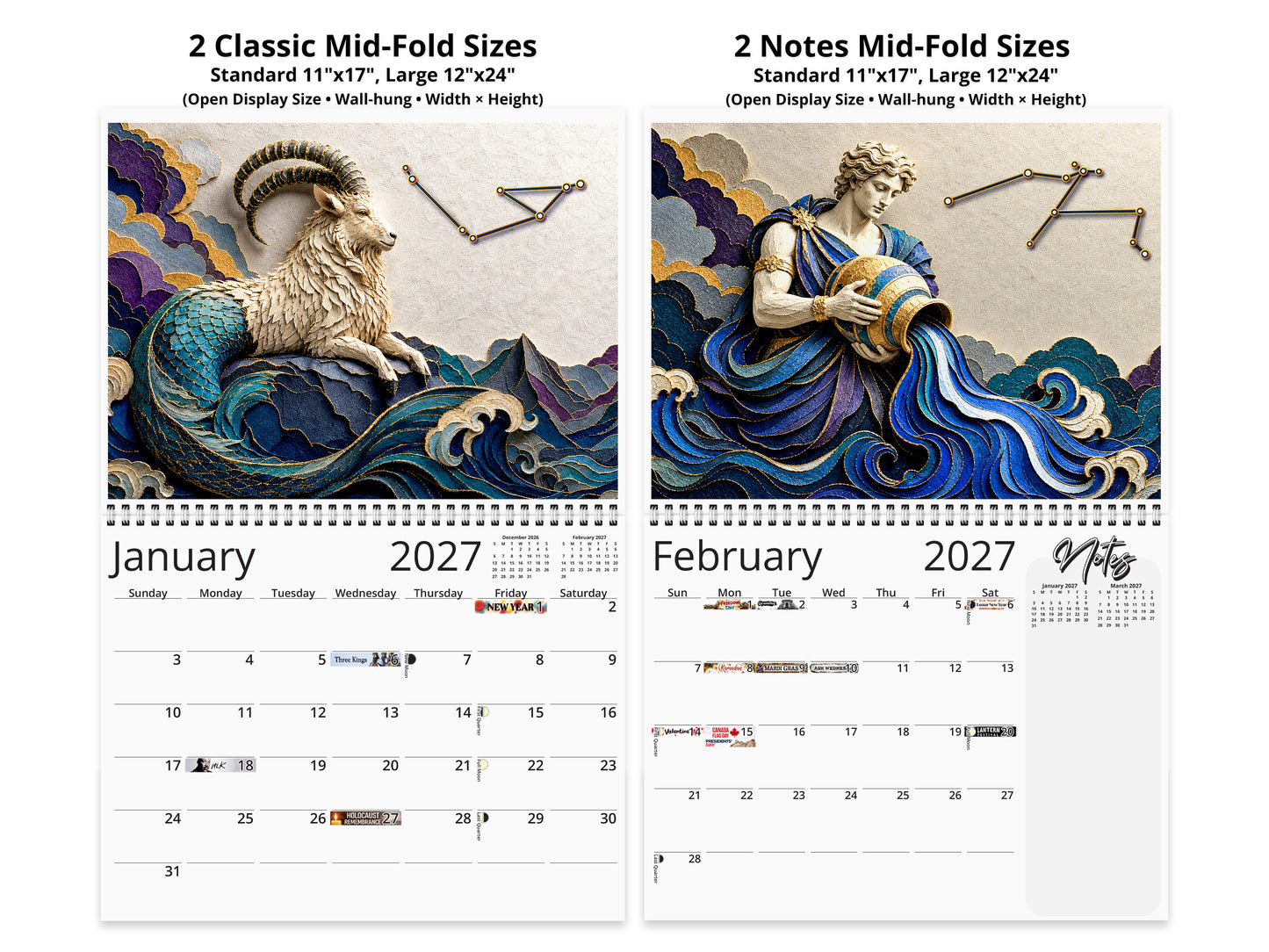 Zodiac Astrology 2027 wall calendar top fold calendar interior pages