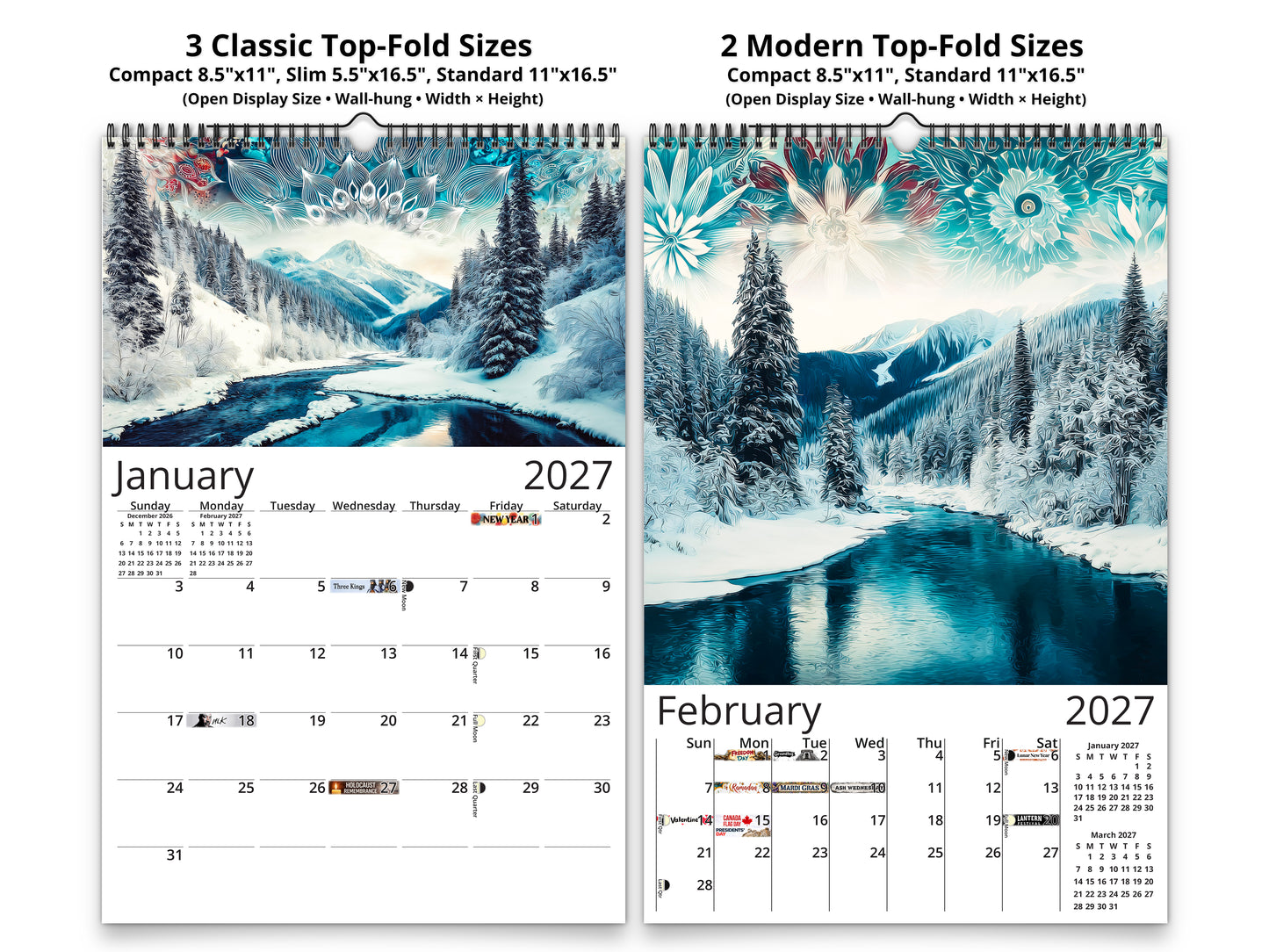 2027 Alaska Embrace Wall Calendar by Kaleidoscope Artisan – Winter Serenity with Holidays