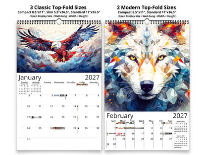 Calendario de pared de vida silvestre de Alaska 2026 de Kaleidoscope Artisan: animales geométricos vibrantes con festividades
