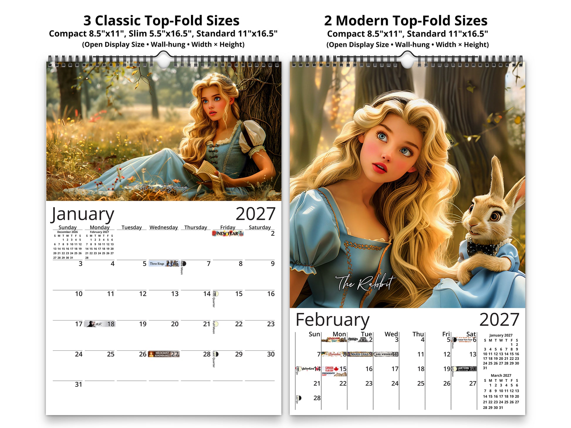Alice in Wonderland 2027 wall calendar classic and notes mid-fold calendar pages