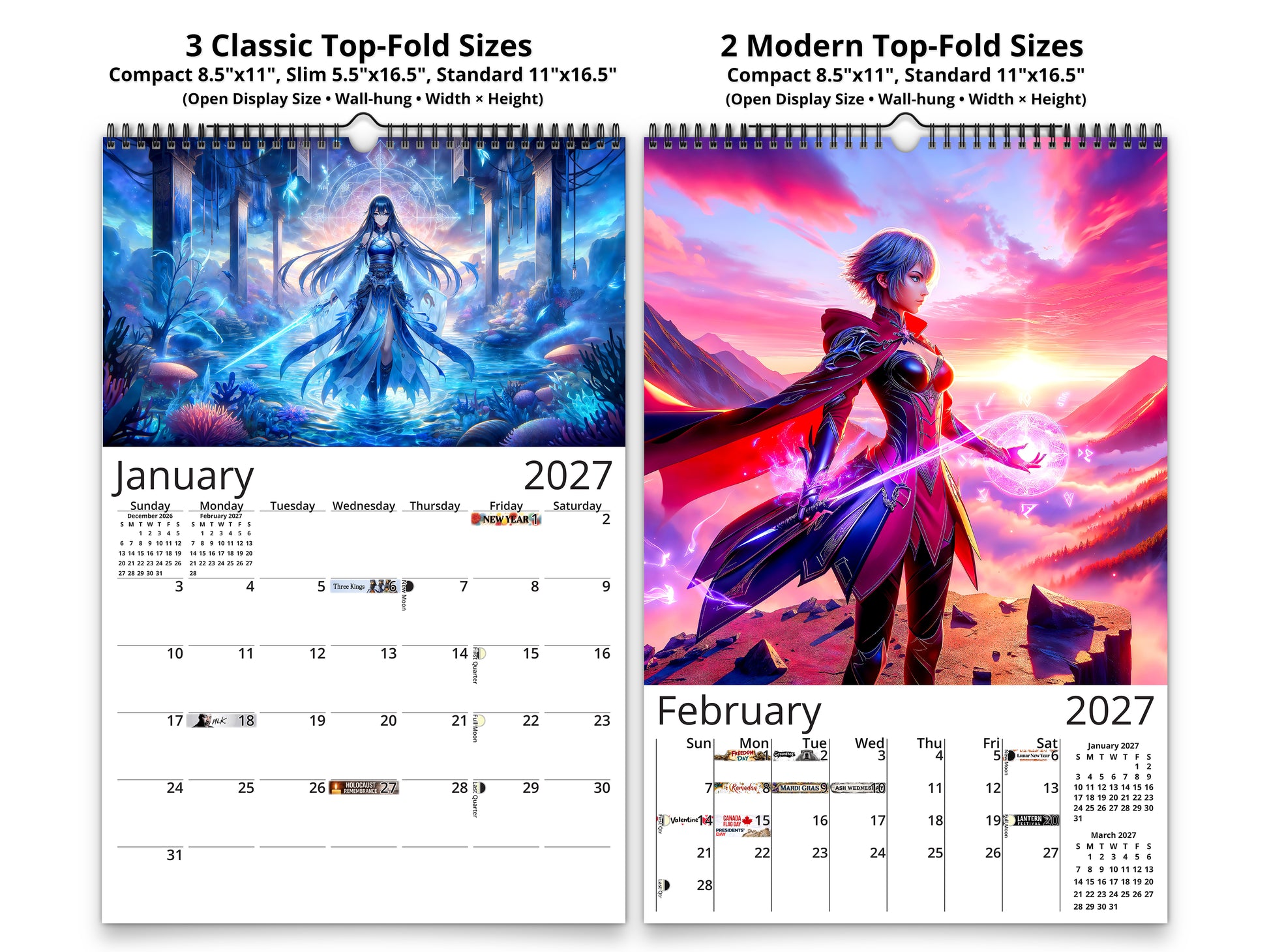 Anime Horizons 2027 wall calendar classic and notes mid-fold calendar pages