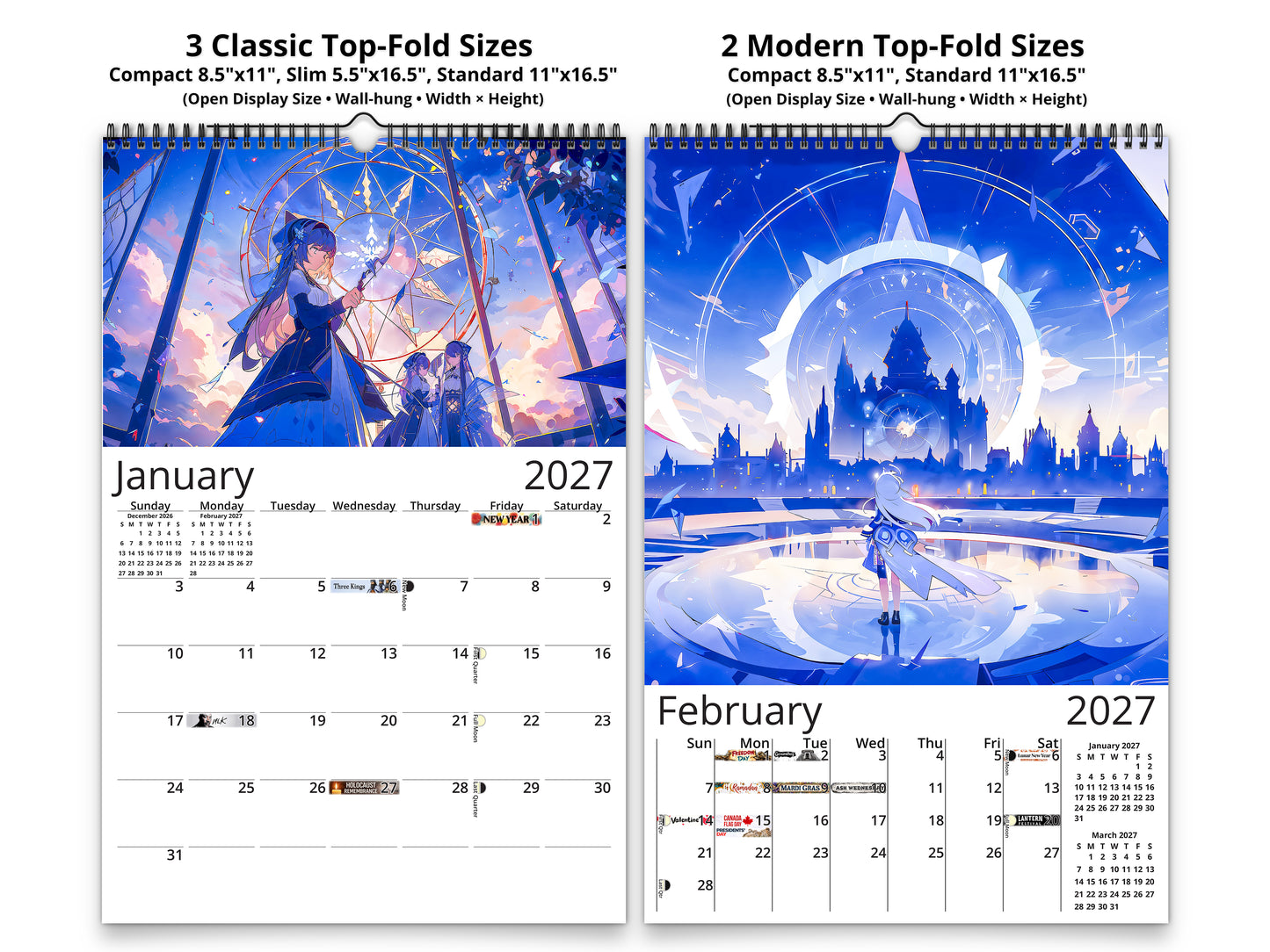 Anime Illuminated Tales 2027 wall calendar classic and notes mid-fold calendar pages