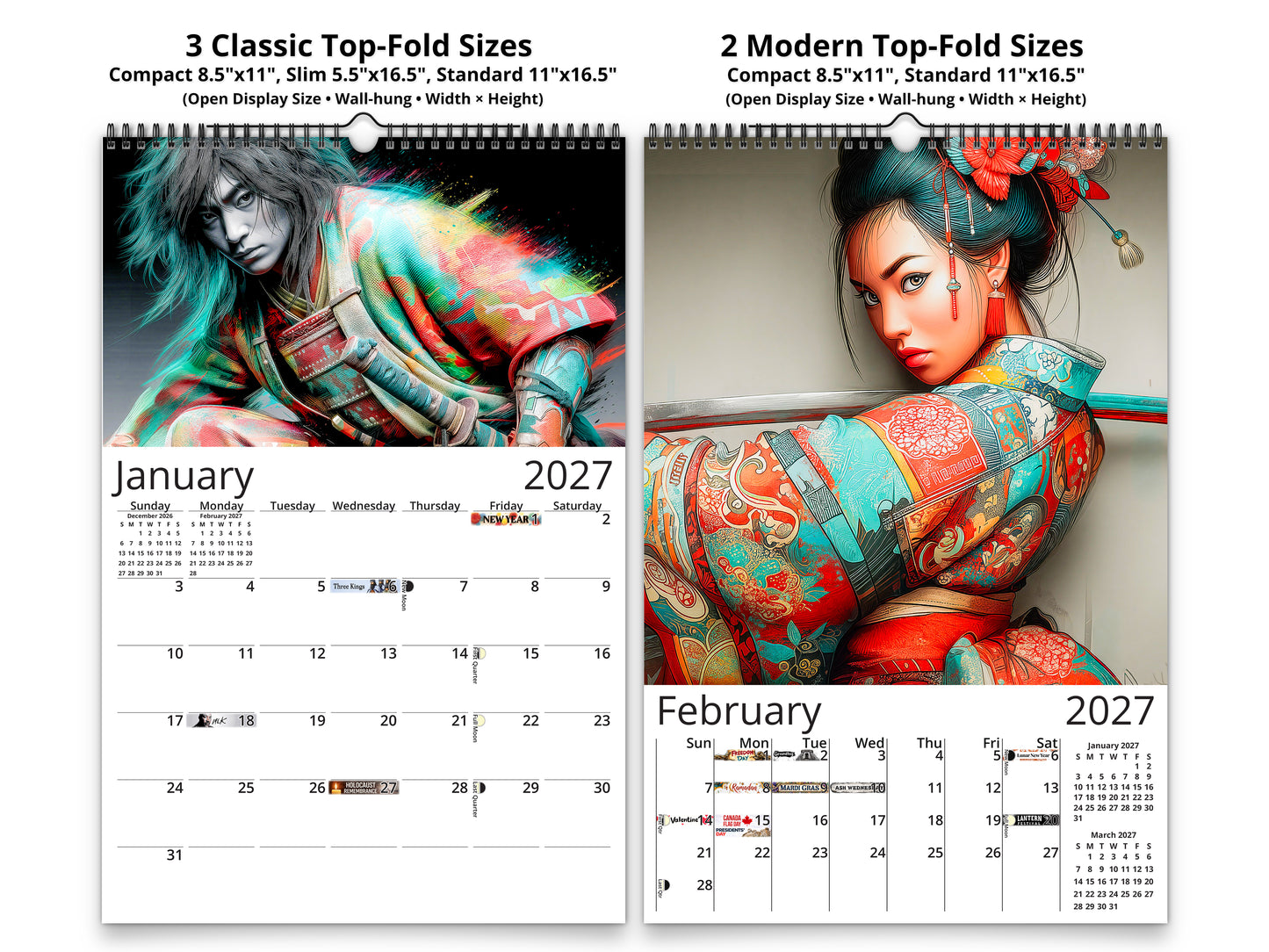 2027 Anime Ronin Wall Calendar by Kaleidoscope Artisan – Warrior Spirit with Holidays