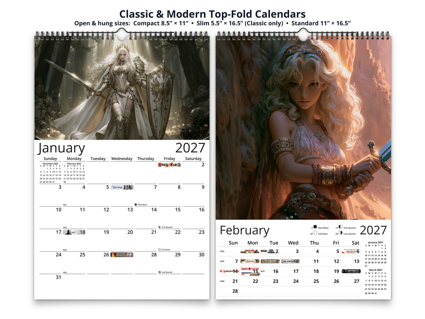 Anime Warrioress by Kaleidoscope Artisan - Mythic Guardians with Holidays 2027 wall calendar top fold calendar interior pages