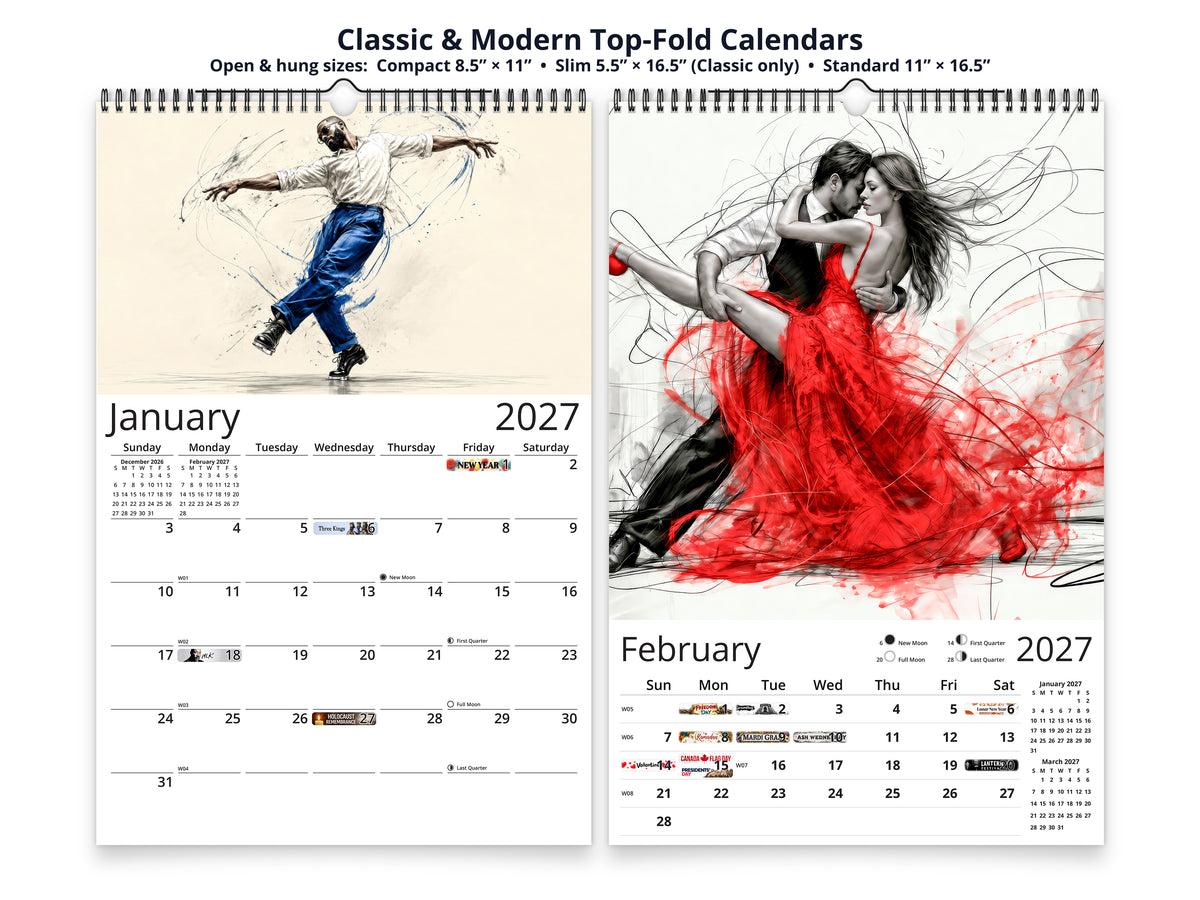 Art of Dance 2027 wall calendar top fold calendar interior pages