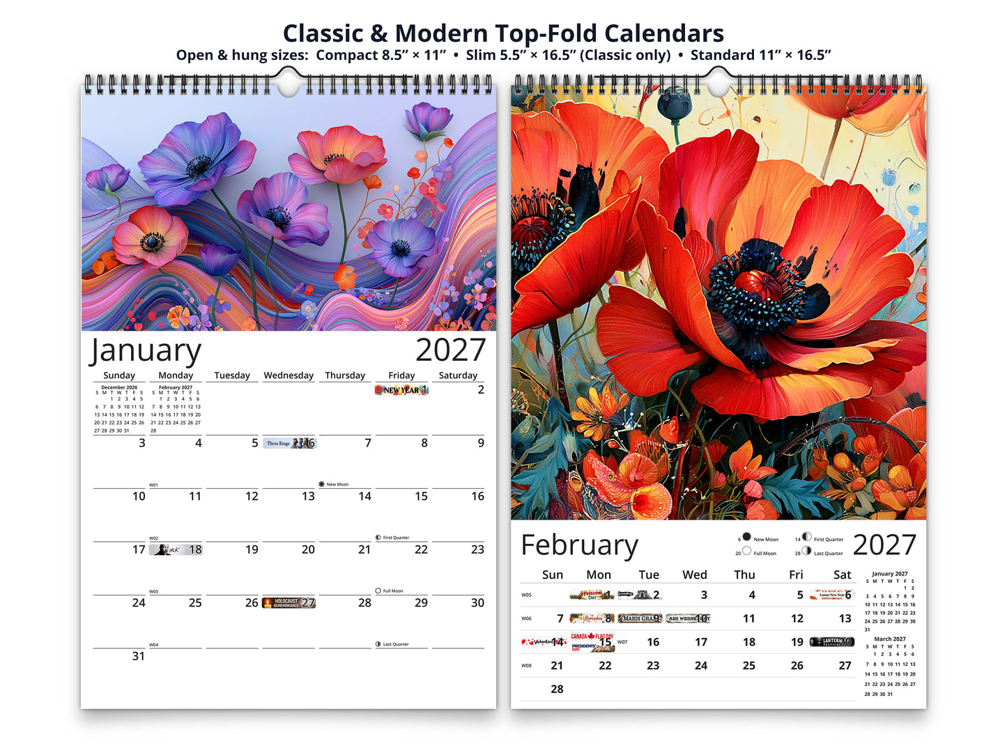 Artistic Flowers 2027 wall calendar top fold calendar interior pages