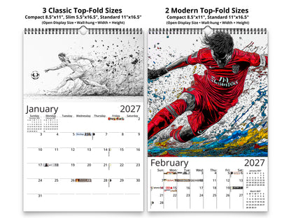 Artistic Soccer 2027 wall calendar classic and notes mid-fold calendar pages