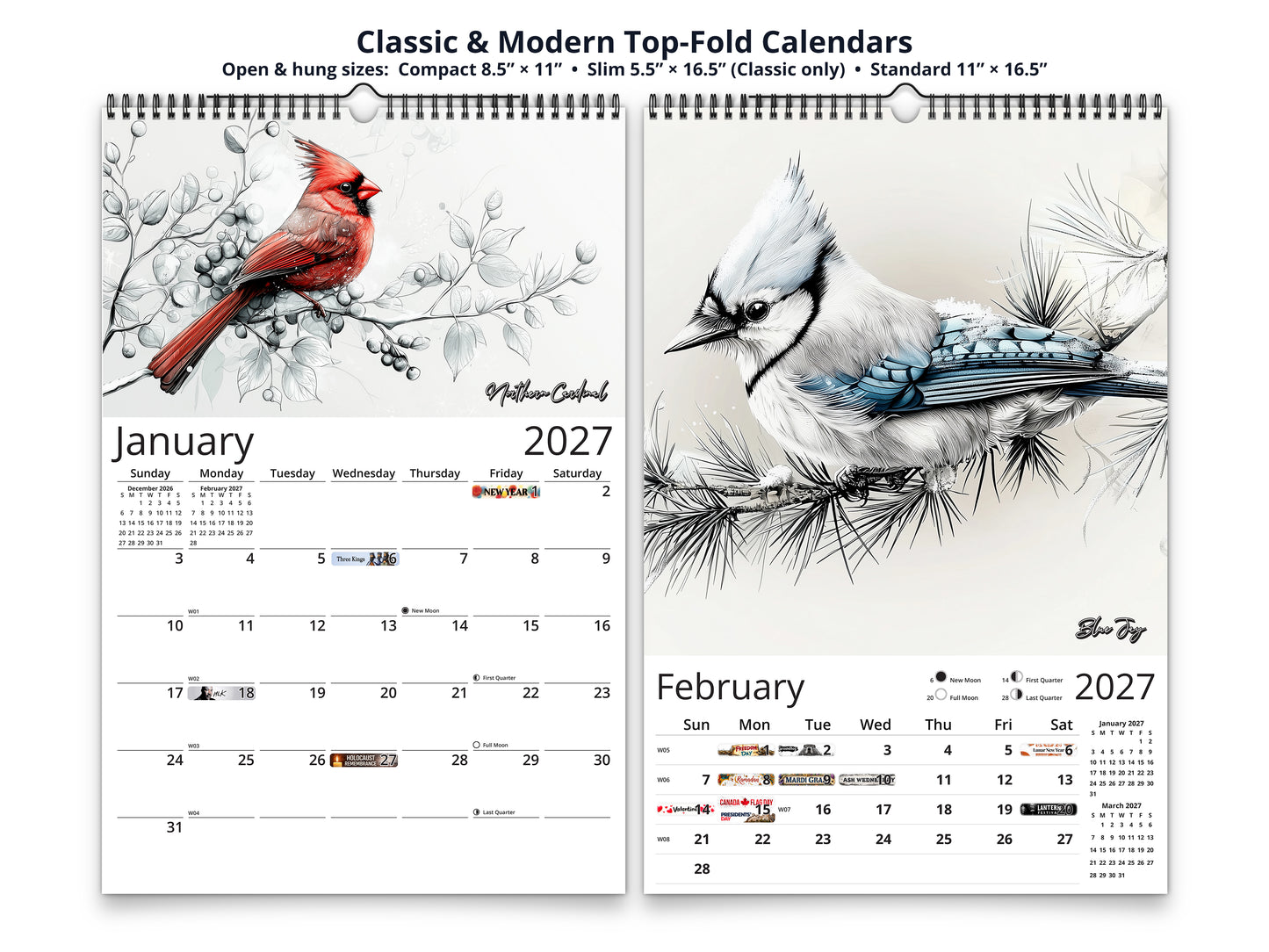 Avian Sketches 2027 wall calendar top fold calendar interior pages