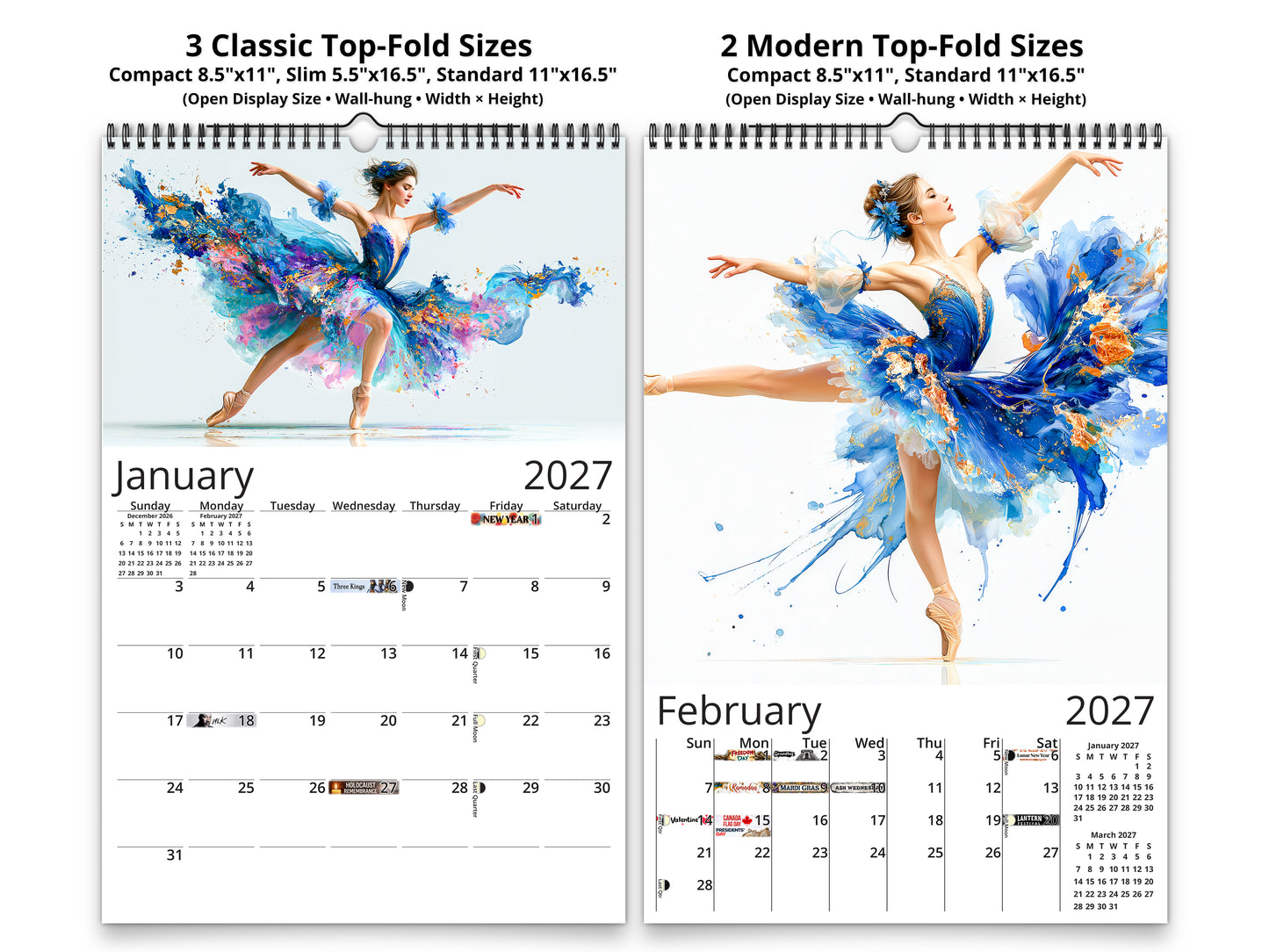 2027 Ballerina Wall Calendar by Kaleidoscope Artisan – Graceful Watercolor Motion with Holidays