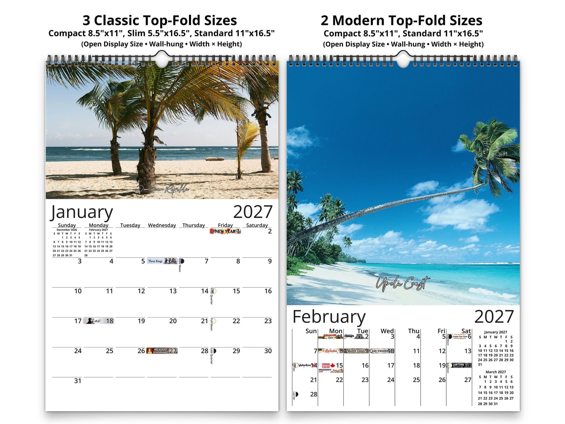 Beaches Photography 2027 wall calendar classic and notes mid-fold calendar pages