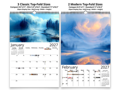 Blue Vistas 2027 wall calendar classic and notes mid-fold calendar pages
