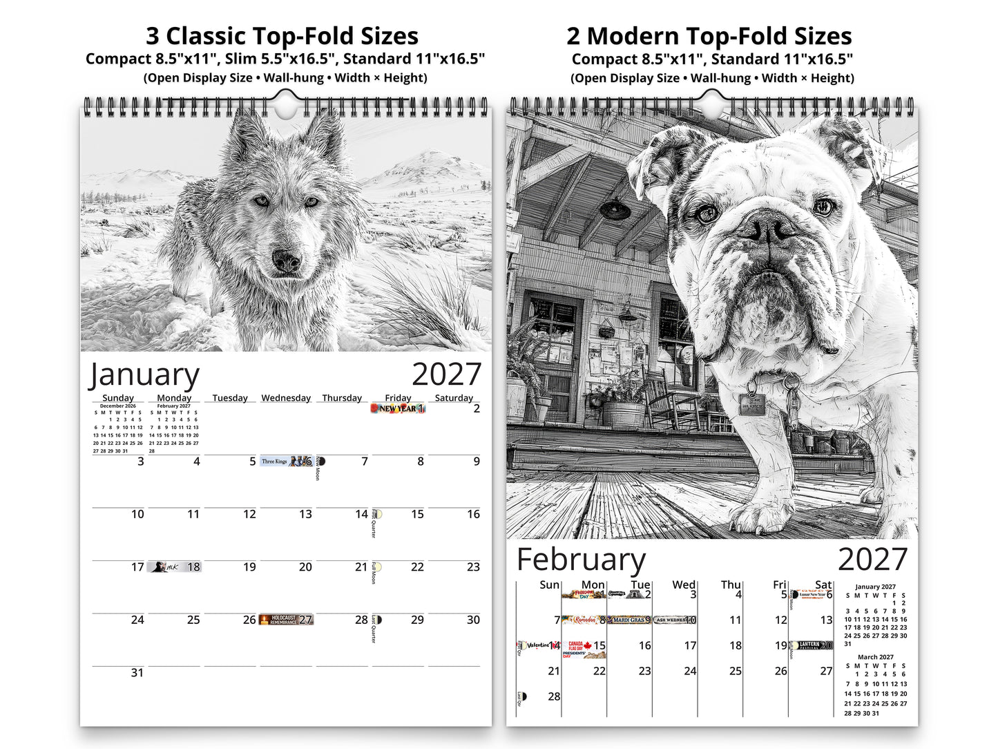 Dog Lover Sketches 2027 wall calendar classic and notes mid-fold calendar pages