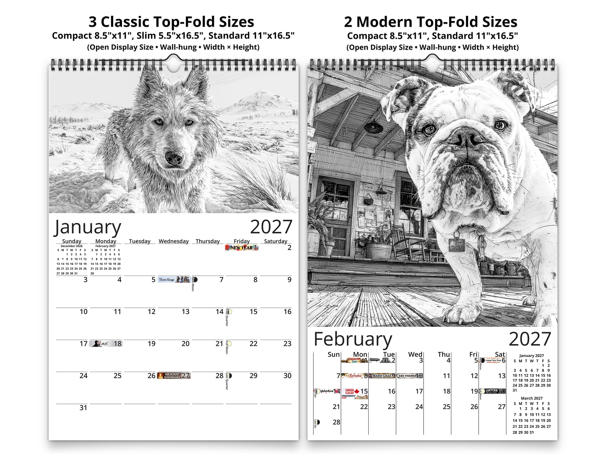Dog Lover Sketches 2027 wall calendar classic and notes mid-fold calendar pages