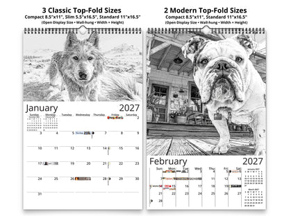 Dog Lover Sketches 2027 wall calendar classic and notes mid-fold calendar pages