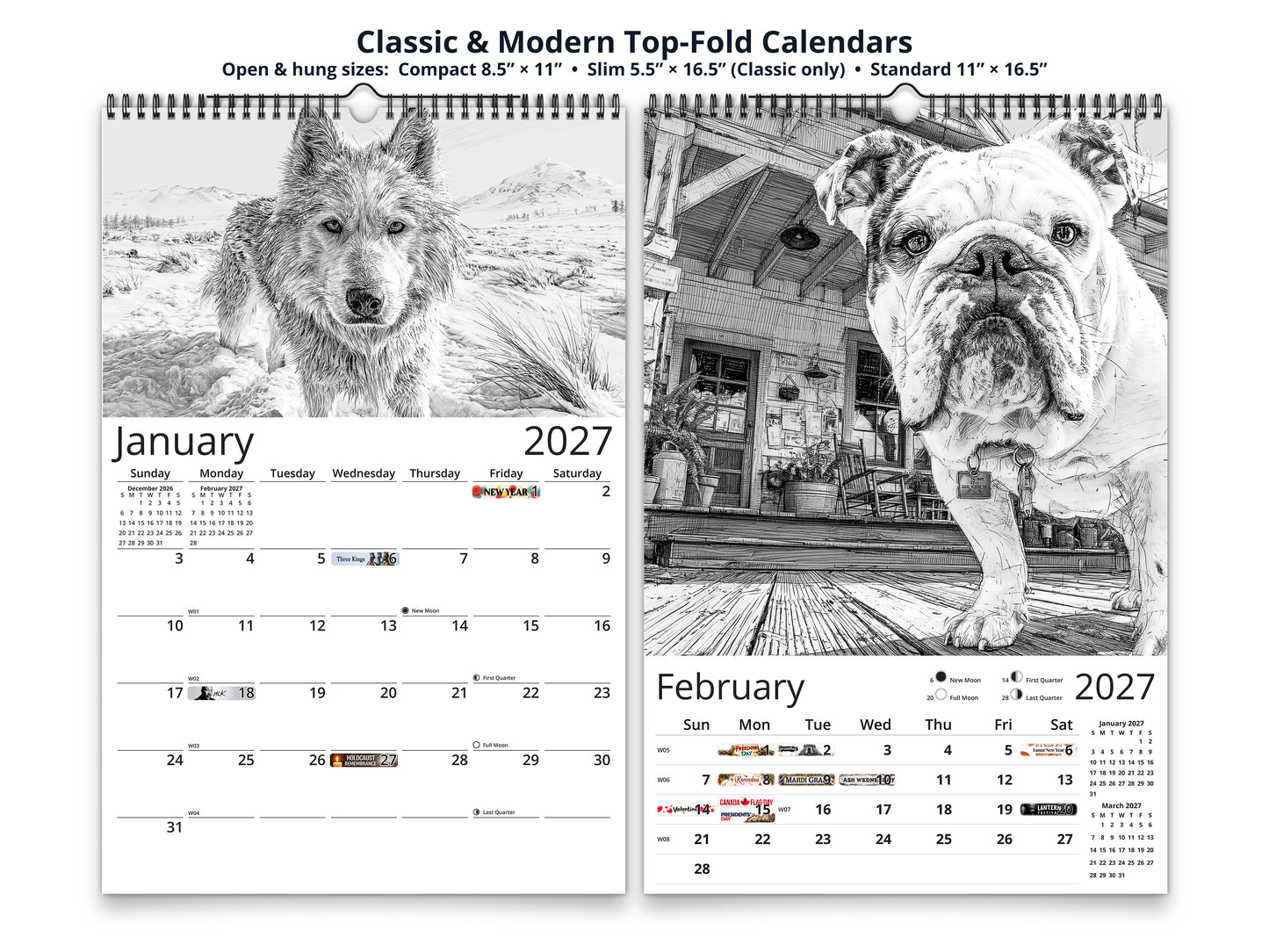 Dog Lover Sketches 2027 wall calendar top fold calendar interior pages