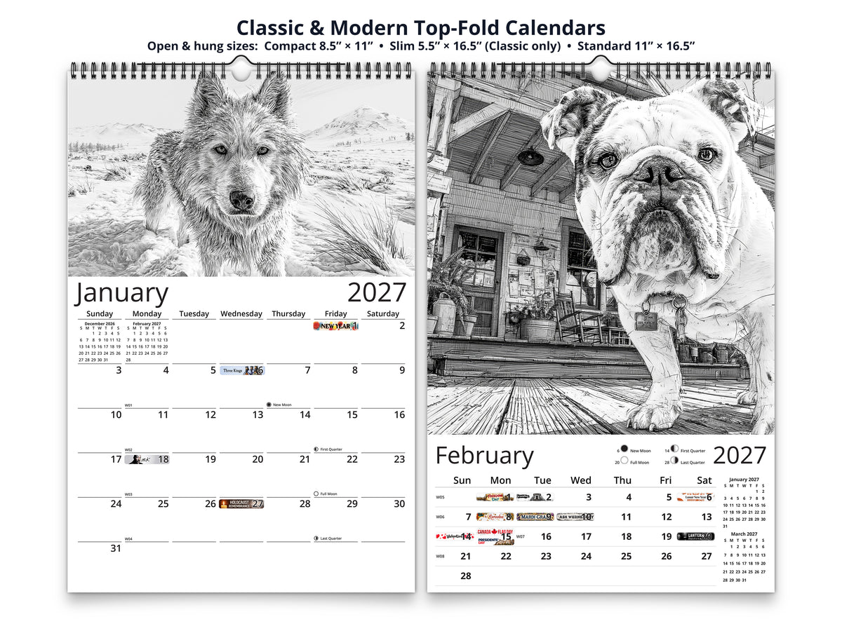 Dog Lover Sketches 2027 wall calendar top fold calendar interior pages