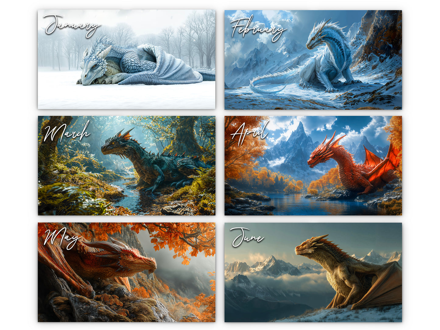 Calendario de pared de dragones 2026 de Kaleidoscope Artisan: ilustraciones de fantasía con festividades