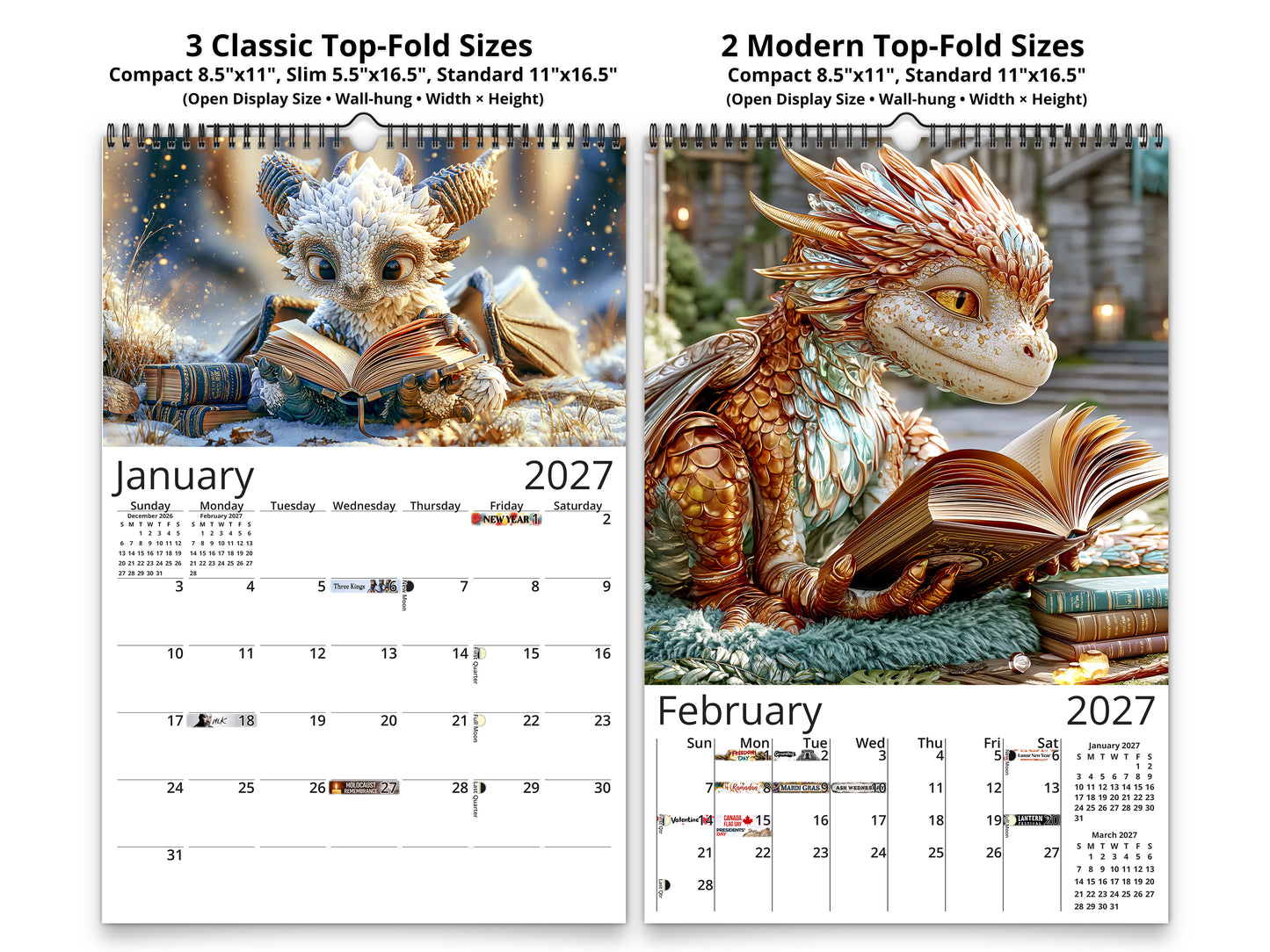 2027 Dragon Book Club Wall Calendar by Kaleidoscope Artisan – Magical Tales with Holidays
