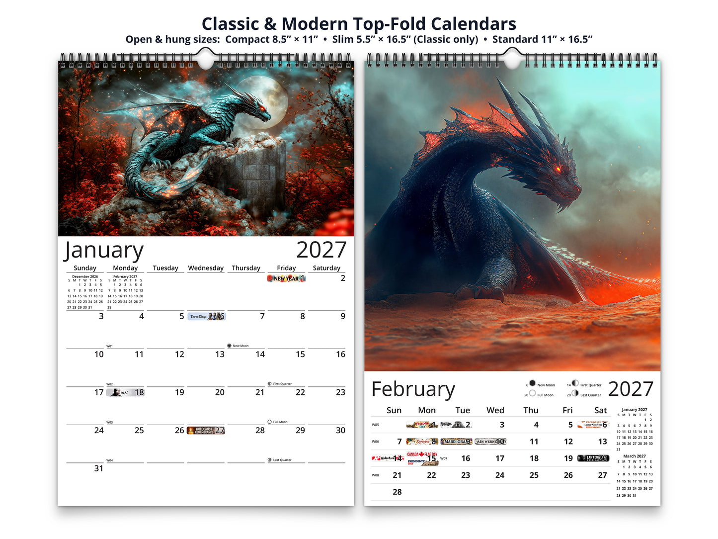 Dragon Dark 2027 wall calendar top fold calendar interior pages