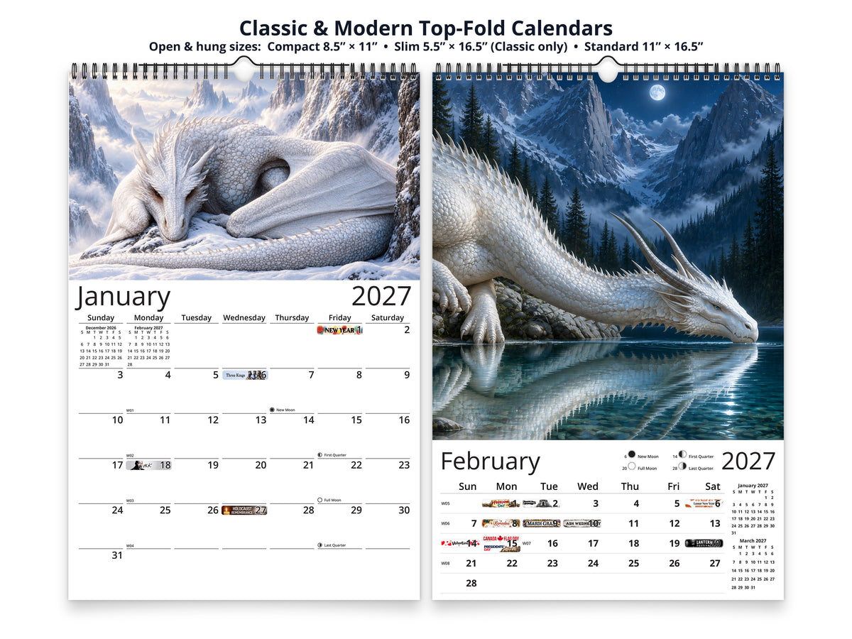 Fantasy Dragon Classic and Modern top-fold calendars open to January and February.