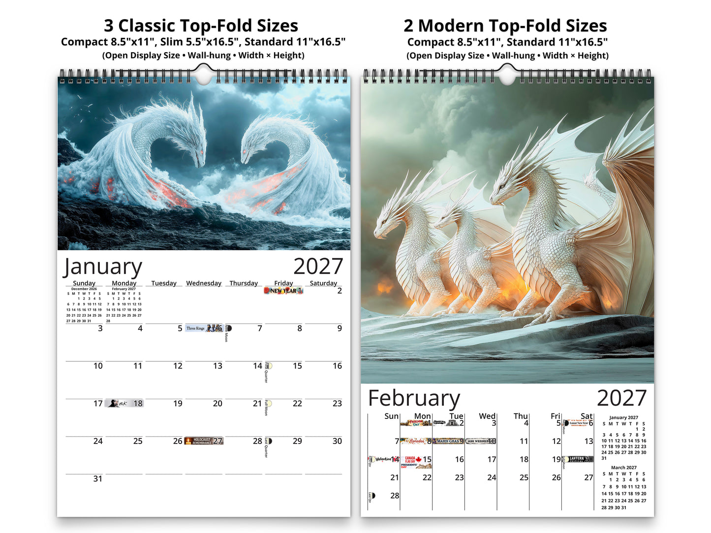 Dragon Light 2027 wall calendar classic and notes mid-fold calendar pages