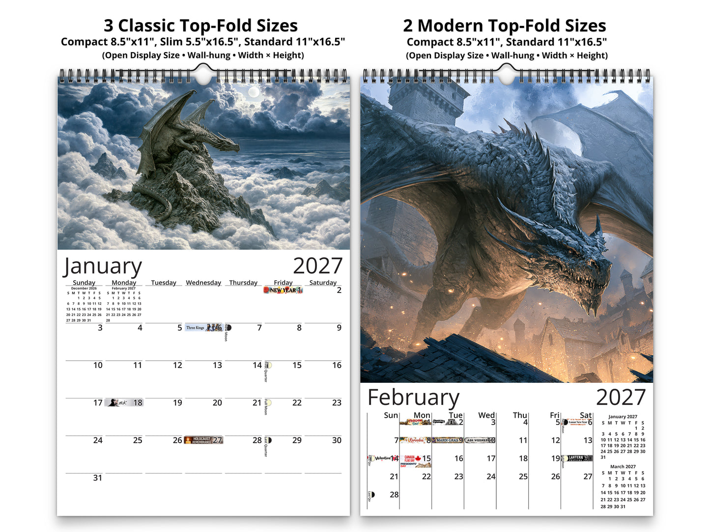 2027 Dragon’s Reign Wall Calendar by Kaleidoscope Artisan – Ancient Fire with Holidays