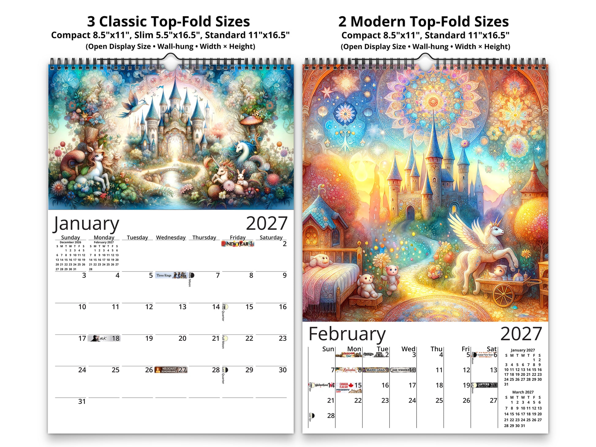 Enchanted 2027 wall calendar classic and notes mid-fold calendar pages