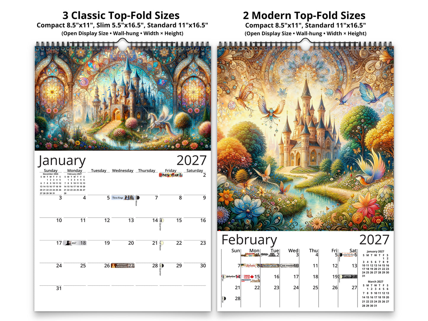 Enchanted Moments 2027 wall calendar classic and notes mid-fold calendar pages