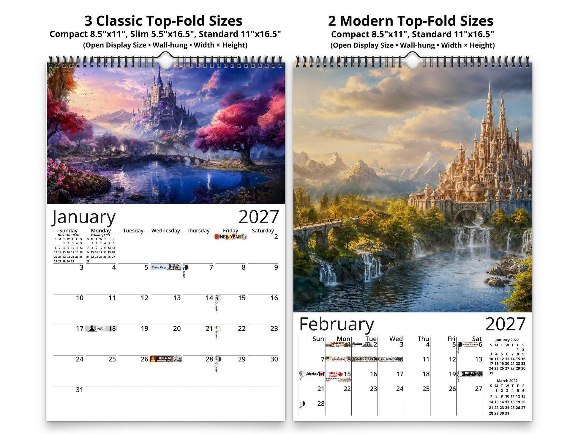 Enchanted Realms 2027 wall calendar classic and notes mid-fold calendar pages