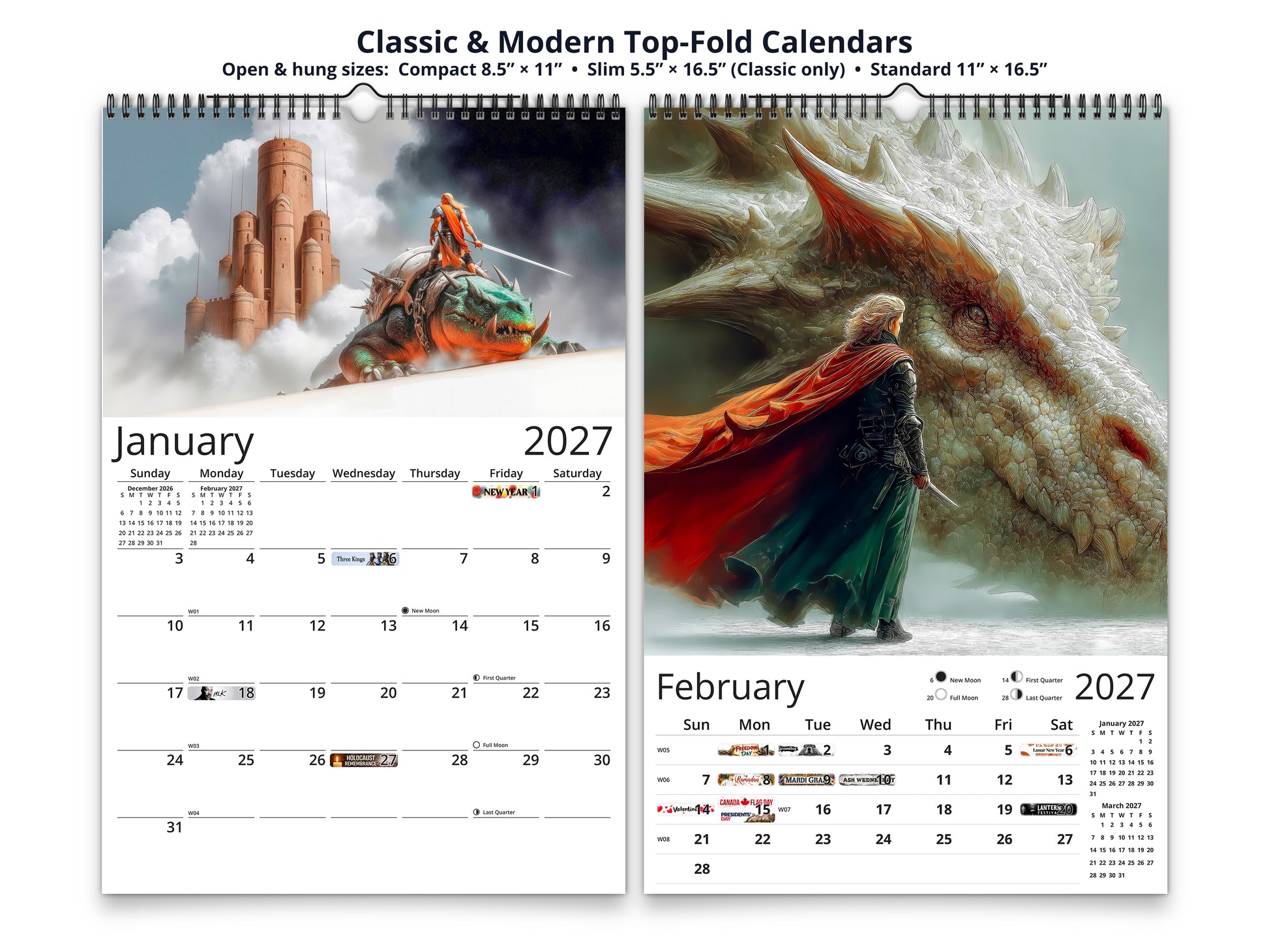 Epic Fantasy 2027 wall calendar top fold calendar interior pages