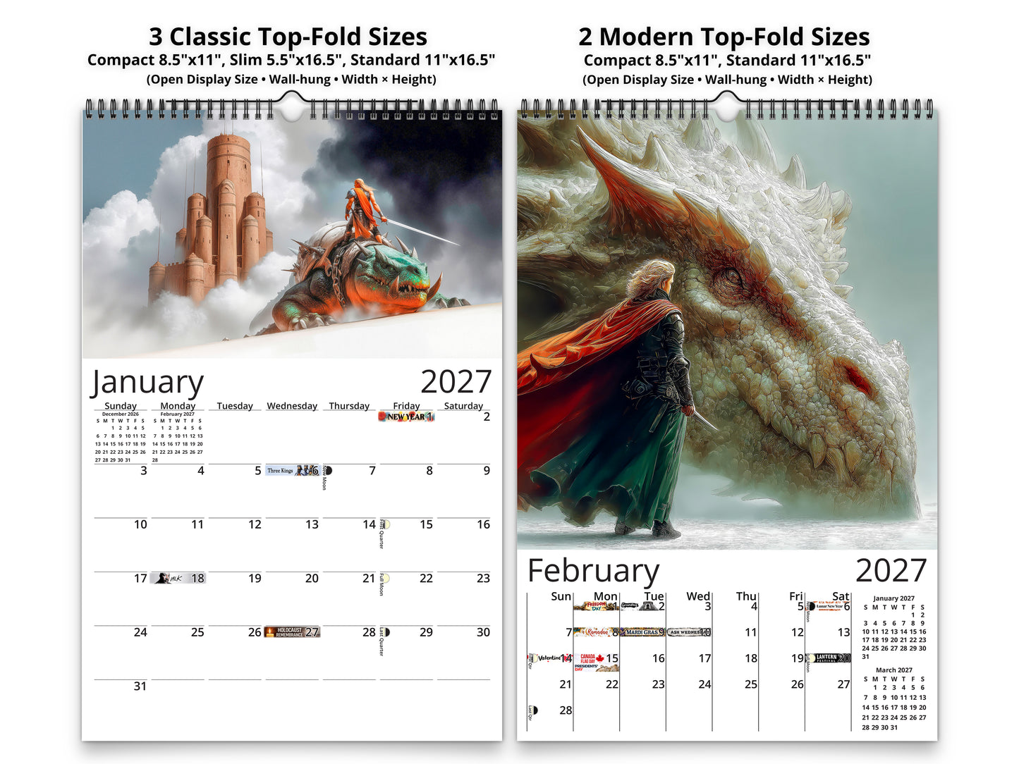 2027 Epic Fantasy Wall Calendar by Kaleidoscope Artisan – Legendary Realms with Holidays