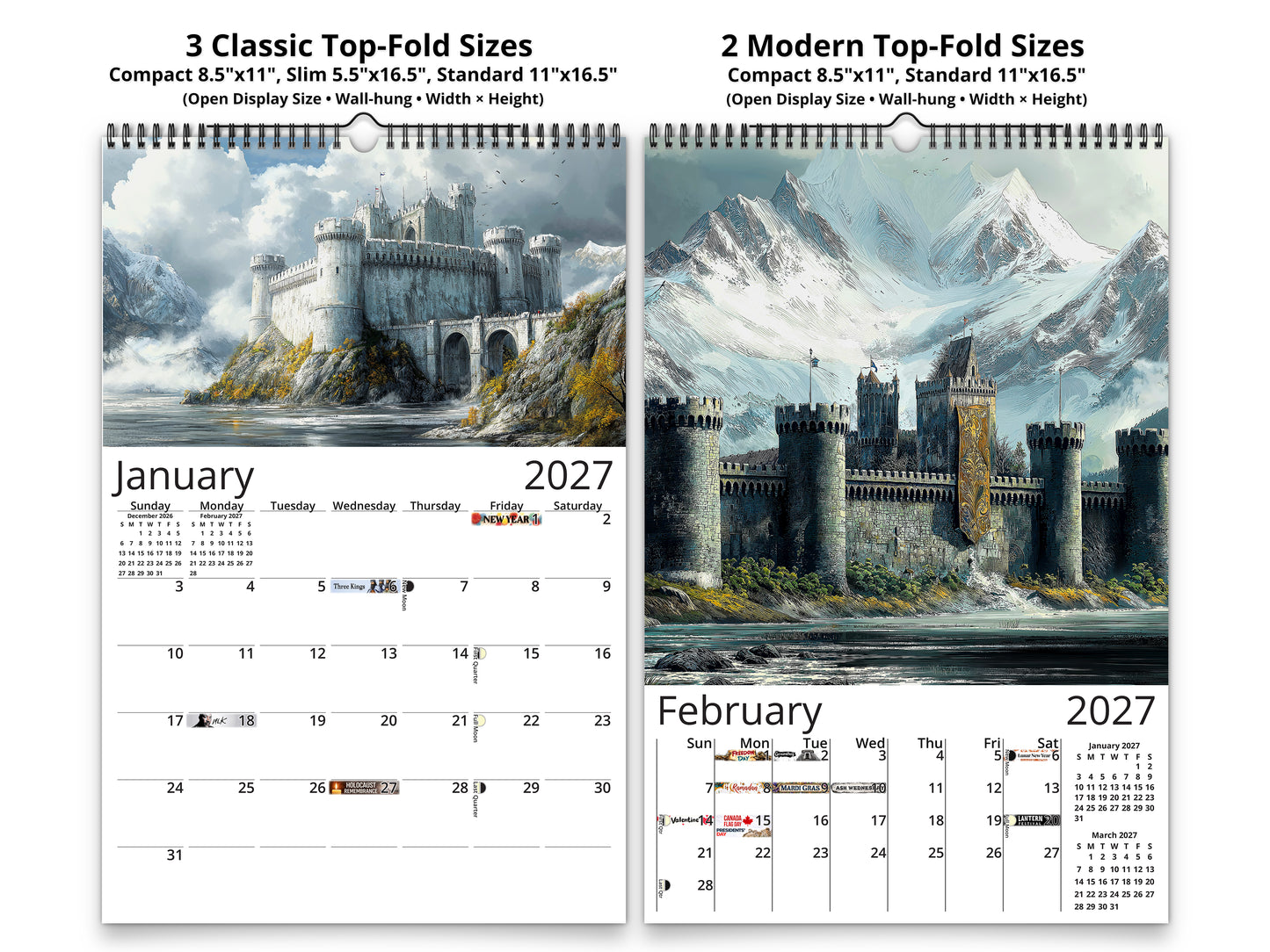 Fantasy Castle 2027 wall calendar classic and notes mid-fold calendar pages