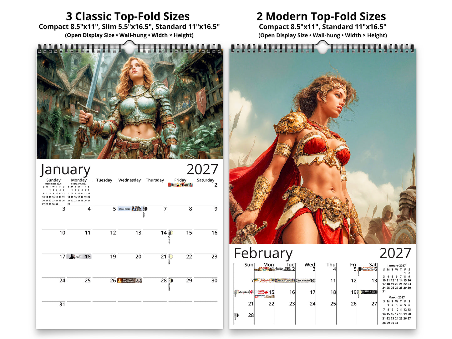 Fantasy Warrioress 2027 wall calendar classic and notes mid-fold calendar pages