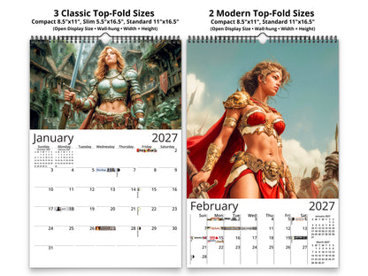 Fantasy Warrioress 2027 wall calendar classic and notes mid-fold calendar pages