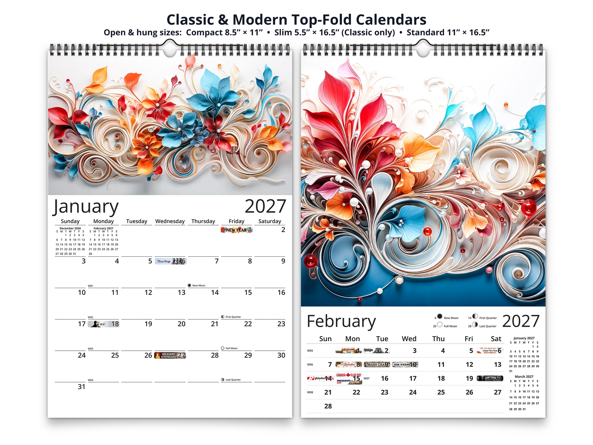 Floral Grace 2027 wall calendar top fold calendar interior pages